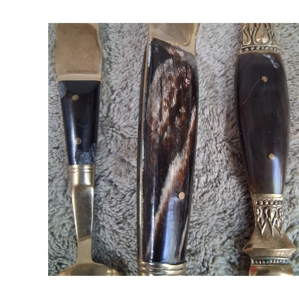 Vintage Siam Thai Brass & Buffalo Horn Barware Set Buddha Coffee Spoon Fork 3pc
